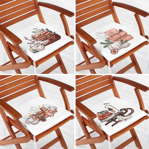 Set of 4 Fall Trend Chair Cushion|Pumpkin Print Seat Pad with Zip and Ties|Farmhouse Autumn Chair Pad Set|Housewarming Outdoor Seat Cushion