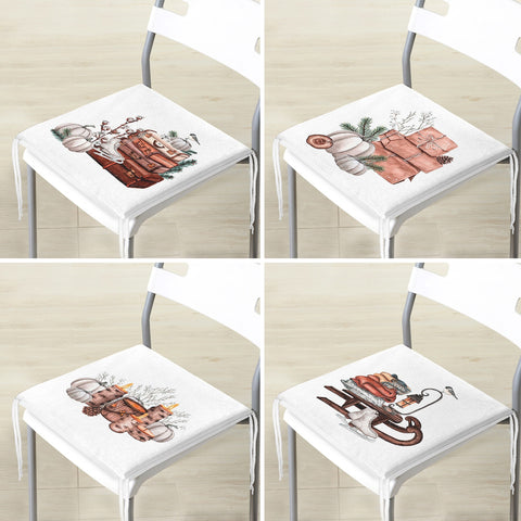 Set of 4 Fall Trend Chair Cushion|Pumpkin Print Seat Pad with Zip and Ties|Farmhouse Autumn Chair Pad Set|Housewarming Outdoor Seat Cushion