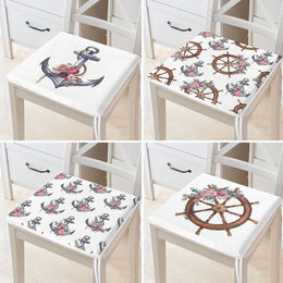 Set of 4 Nautical Chair Cushion|Floral Anchor Wheel Print Seat Pad with Zip and Ties|Beach House Chair Pad Set|Coastal Outdoor Seat Cushion