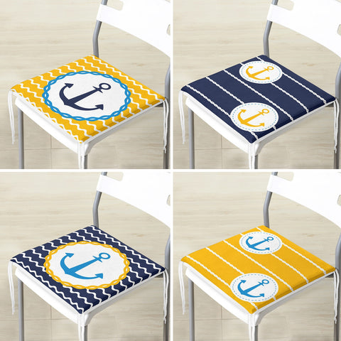 Set of 4 Nautical Chair Cushion|Blue Yellow Anchor Print Seat Pad with Zip and Ties|Beach House Chair Pad Set|Coastal Outdoor Seat Cushion