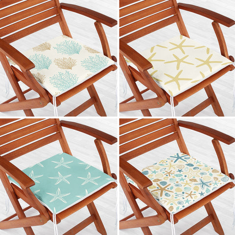 Set of 4 Beach House Chair Cushion|Starfish and Coral Print Seat Pad with Zip and Ties|Nautical Chair Pad Set|Coastal Outdoor Seat Cushion