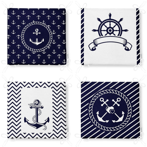 Set of 4 Nautical Chair Cushion|Navy Blue Anchor Wheel Seat Pad with Zip and Ties|Beach House Chair Pad Set|Coastal Outdoor Seat Cushion