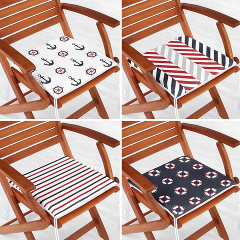 Set of 4 Nautical Chair Cushion|Anchor Wheel Life Saver Seat Pad with Zip, Ties|Beach House Striped Chair Pad|Coastal Outdoor Seat Cushion