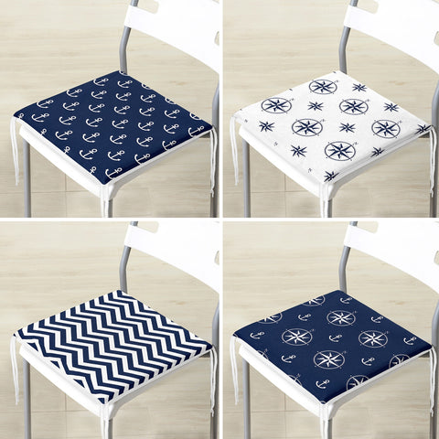 Set of 4 Nautical Chair Cushion|Anchor and Compass Print Seat Pad with Zip, Ties|Beach House Zigzag Chair Pad|Coastal Outdoor Seat Cushion