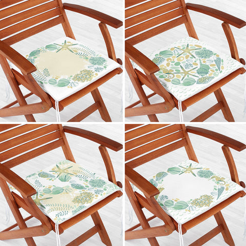 Set of 4 Beach House Chair Cushion|Starfish Seashell Coral Seat Pad with Zip and Ties|Nautical Chair Pad Set|Coastal Outdoor Seat Cushion