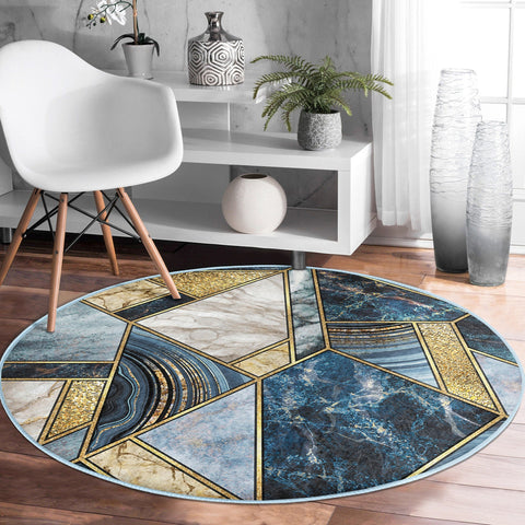 Marble Pattern Round Rug|Non-Slip Round Carpet|Blue Gold Gray Circle Carpet|Decorative Abstract Multi-Purpose Area Rug|Modern Home Decor