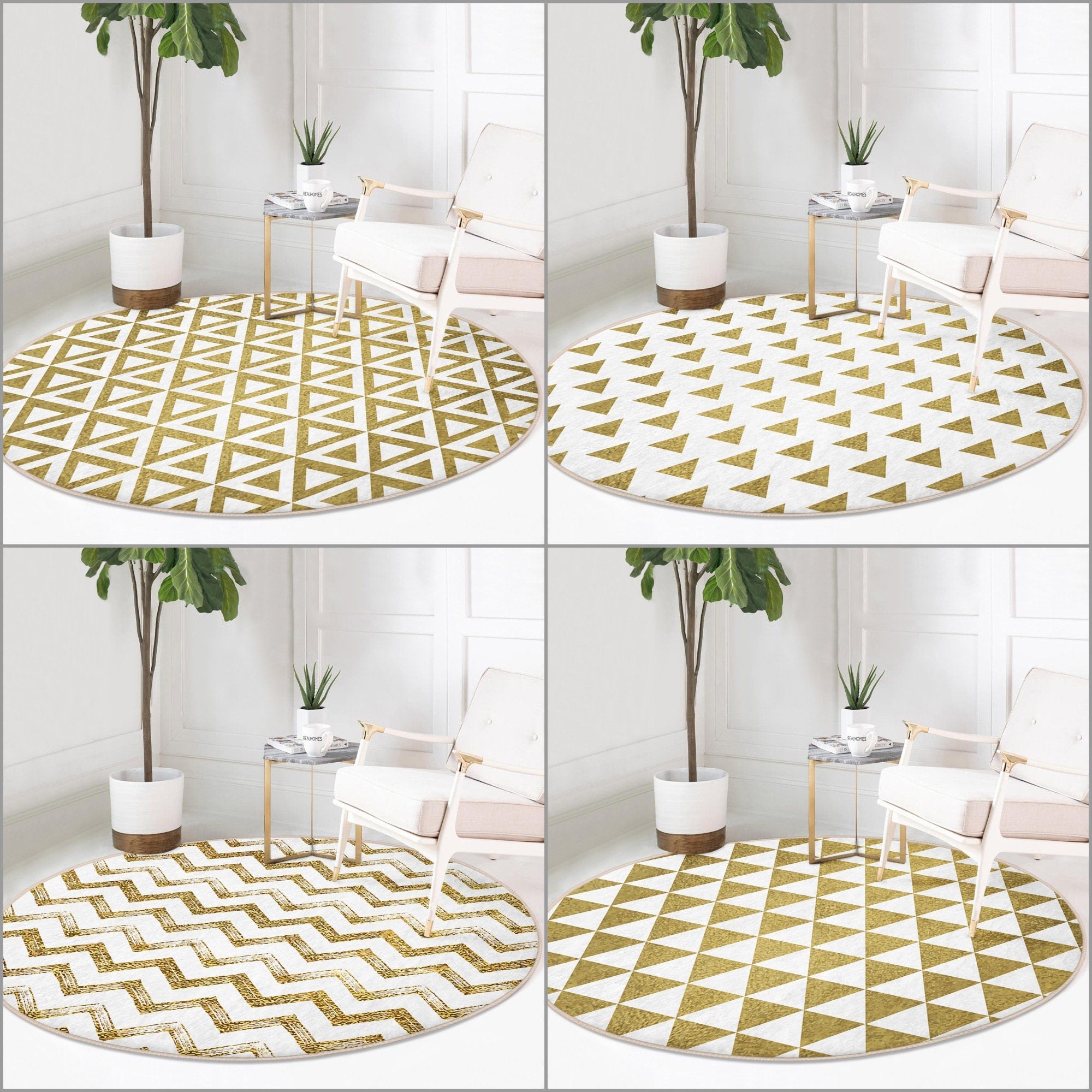 Gold White Geometric Non-Slip Round Rug – Akasia