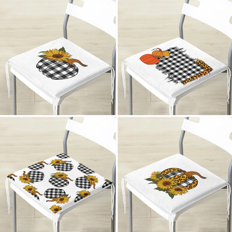 Set of 4 Fall Trend Chair Cushion|Checkered Pumpkin Seat Pad with Zip Ties|Farmhouse Autumn Chair Pad Set|Housewarming Outdoor Seat Cushion