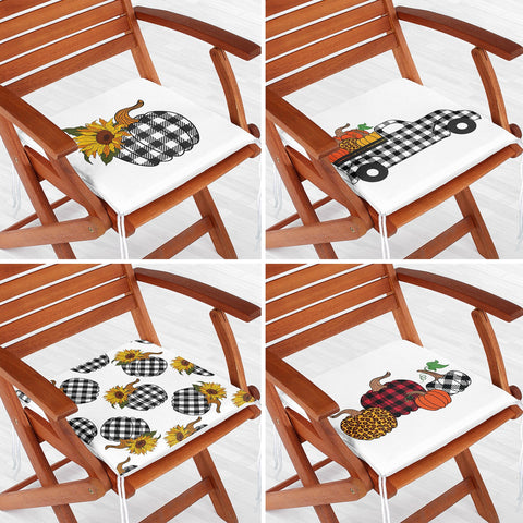 Set of 4 Fall Trend Chair Cushion|Checkered Pumpkin Truck Seat Pad with Zip Ties|Farmhouse Chair Pad Set|Housewarming Outdoor Seat Cushion