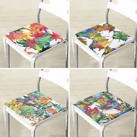 Set of 4 Fall Trend Chair Cushion|Dry Leaf Painting Seat Pad with Zip and Ties|Farmhouse Autumn Chair Pad|Housewarming Outdoor Seat Cushion