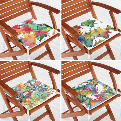 Set of 4 Fall Trend Chair Cushion|Dry Leaf Painting Seat Pad with Zip and Ties|Farmhouse Autumn Chair Pad|Housewarming Outdoor Seat Cushion