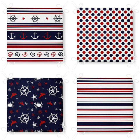 Set of 4 Nautical Chair Cushion|Anchor Wheel Seat Pad with Zip and Ties|Dolphin Beach House Chair Pad|Crab Coastal Outdoor Seat Cushion Set