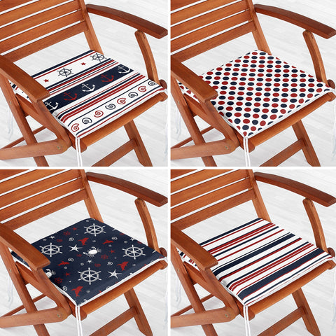 Set of 4 Nautical Chair Cushion|Anchor Wheel Seat Pad with Zip and Ties|Dolphin Beach House Chair Pad|Crab Coastal Outdoor Seat Cushion Set