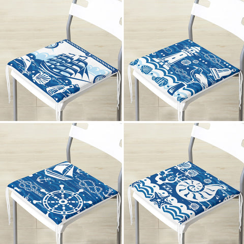 Set of 4 Nautical Chair Cushion|Blue White Sailing Ship Wheel Lighthouse Seashell Seat Pad with Zip and Ties|Soft Beach House Chair Pad Set