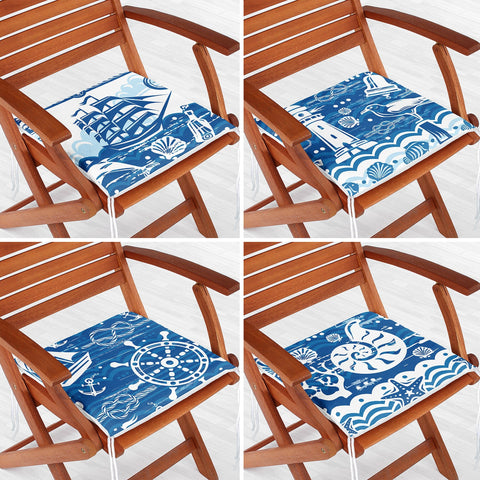 Set of 4 Nautical Chair Cushion|Blue White Sailing Ship Wheel Lighthouse Seashell Seat Pad with Zip and Ties|Soft Beach House Chair Pad Set