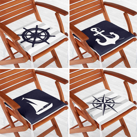Set of 4 Nautical Chair Cushion|Navy Blue Seat Pad with Ties|Anchor Wheel Compass Sailing Boat Soft Chair Pad|Coastal Outdoor Seat Cushion