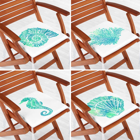 Set of 4 Beach House Chair Cushion|Seahorse Coral Seat Pad with Zip, Ties|Turquoise Seashell Oyster Chair Pad|Coastal Outdoor Seat Cushion