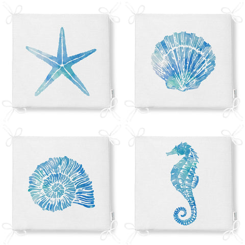 Set of 4 Beach House Chair Cushion|Blue Starfish Oyster Seat Pad with Zip and Ties|Seashell Seahorse Chair Pad|Coastal Outdoor Seat Cushion