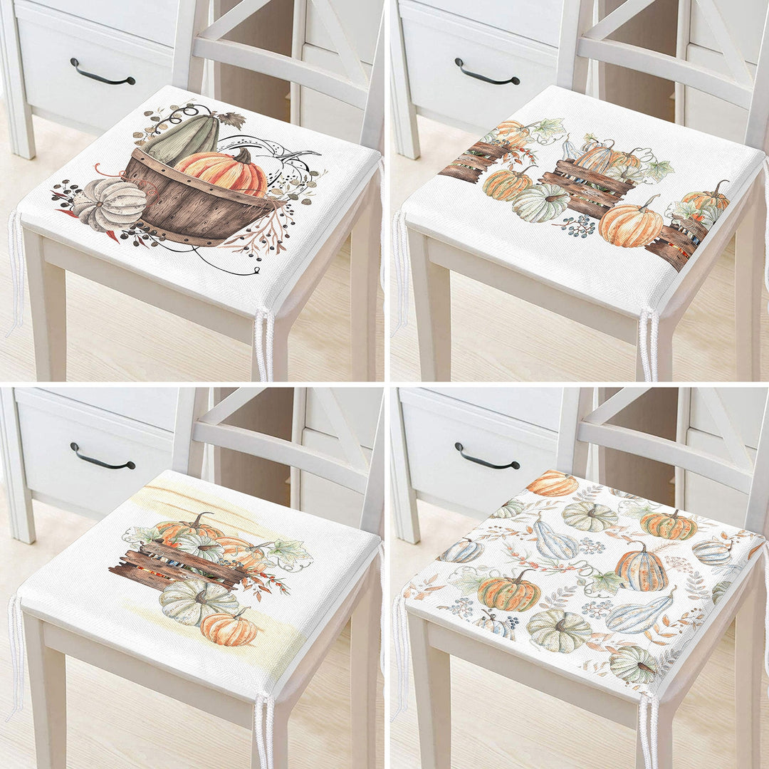 Set of 4 Fall Trend Chair Cushion|Pumpkin and Leaves Seat Pad with Zip Ties|Farmhouse Autumn Chair Pad Set|Thanksgiving Outdoor Seat Cushion