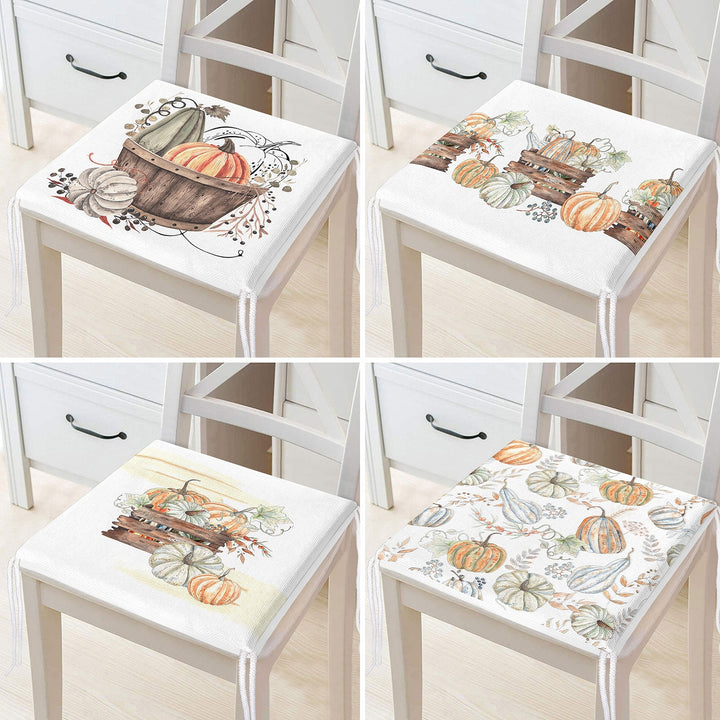 Set of 4 Fall Trend Chair Cushion|Pumpkin and Leaves Seat Pad with Zip Ties|Farmhouse Autumn Chair Pad Set|Thanksgiving Outdoor Seat Cushion