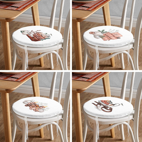 Set of 4 Round Chair, Stool Cushion|Fall Trend Seat Pad with 4 Ties|White Pumpkin Chair Pad|Autumn Outdoor Seat Cushion|Housewarming Decor