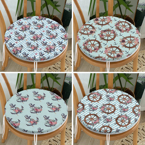 Set of 4 Round Chair, Stool Cushion|Nautical Seat Pad with 4 Ties|Floral Anchor Wheel Chair Pad|Summer Trend Coastal Outdoor Seat Cushion