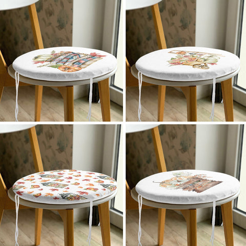 Set of 4 Round Chair, Stool Cushion|Fall Trend Seat Pad with 4 Ties|Pumpkin with Leaves Chair Pad|Housewarming Autumn Outdoor Seat Cushion