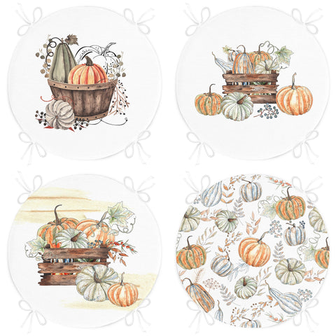 Set of 4 Round Chair, Stool Cushion|Fall Trend Seat Pad with 4 Ties|Pumpkin with Leaves Chair Pad|Housewarming Autumn Outdoor Seat Cushion