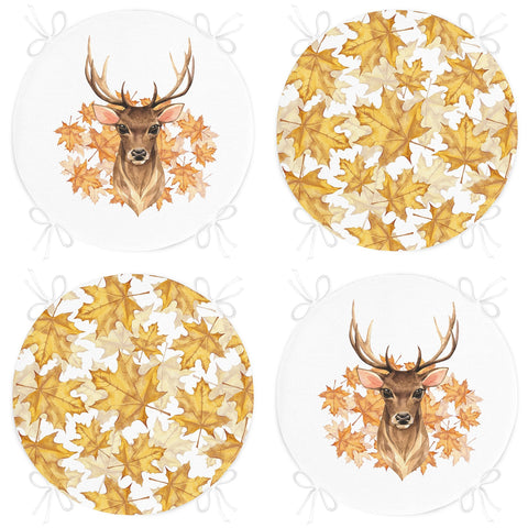 Set of 4 Round Chair, Stool Cushion|Dry Yellow Leaves Seat Pad with Zip and Ties|Farmhouse Autumn Chair Pad|Deer Print Outdoor Seat Cushion