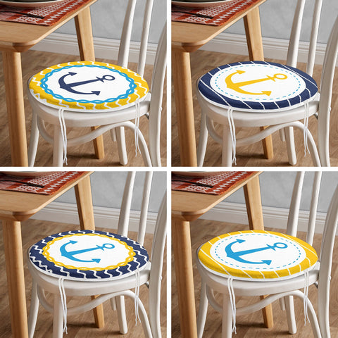 Set of 4 Nautical Round Chair, Stool Cushion|Blue Yellow Anchor Seat Pad with Zip and Ties|Beach House Chair Pad Set|Coastal Seat Cushion