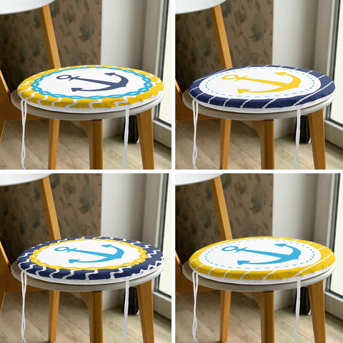 Set of 4 Nautical Round Chair, Stool Cushion|Blue Yellow Anchor Seat Pad with Zip and Ties|Beach House Chair Pad Set|Coastal Seat Cushion