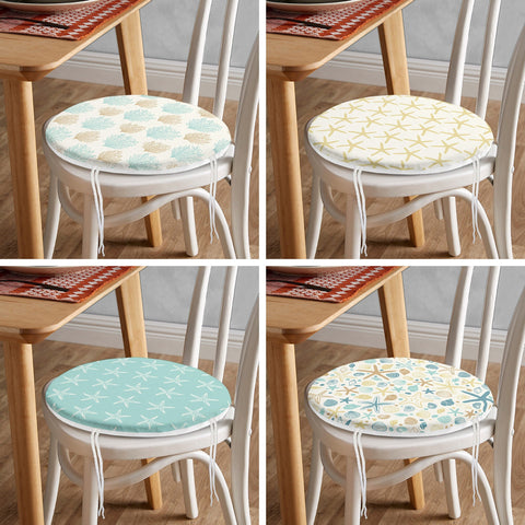 Set of 4 Beach House Round Chair, Stool Cushion|Starfish and Coral Seat Pad with Zip and Ties|Nautical Chair Pad Set|Coastal Seat Cushion
