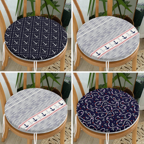 Set of 4 Round Chair Stool Cushion|Anchor and Sailor Rope Seat Pad with Zip, Ties|Beach House Striped Chair Pad|Coastal Outdoor Seat Cushion