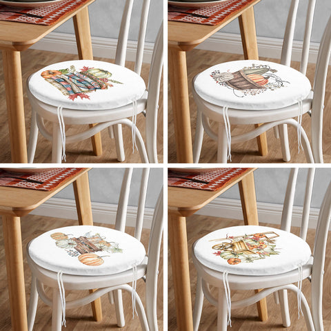 Set of 4 Round Chair, Stool Cushion|Fall Trend Seat Pad with 4 Ties|Pumpkin and Leaves Chair Pad|Housewarming Autumn Circle Seat Cushion