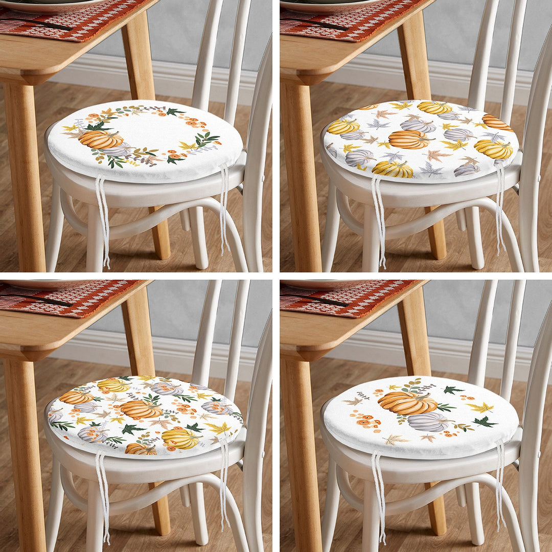 Set of 4 Round Chair, Stool Cushion|Fall Trend Seat Pad with 4 Ties|Orange Gray Pumpkin Chair Pad|Housewarming Autumn Circle Seat Cushion