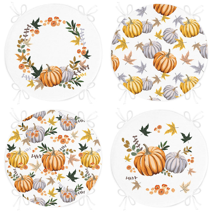 Set of 4 Round Chair, Stool Cushion|Fall Trend Seat Pad with 4 Ties|Orange Gray Pumpkin Chair Pad|Housewarming Autumn Circle Seat Cushion