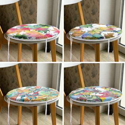 Set of 4 Round Chair, Stool Cushion|Dry Leaf Painting Seat Pad with Zip and Ties|Farmhouse Autumn Chair Pad|Leaf Print Outdoor Seat Cushion