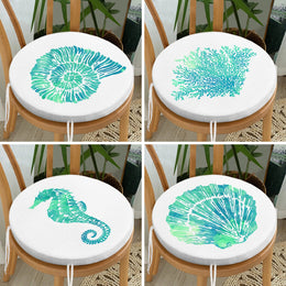 Set of 4 Beach House Round Chair, Stool Cushion|Seahorse Coral Seat Pad with Zip, Ties|Turquoise Seashell Oyster Chair Pad|Coastal Decor