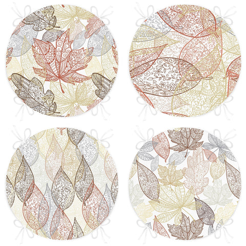 Set of 4 Round Chair, Stool Cushion|Dry Leaf Drawing Seat Pad with Zip, Ties|Farmhouse Style Autumn Chair Pad|Leaves Outdoor Seat Cushion