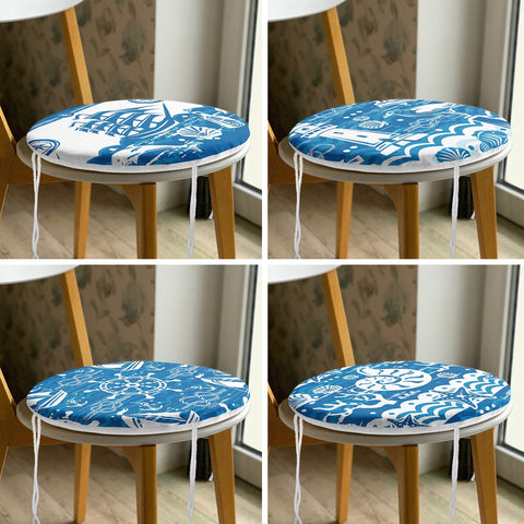 Set of 4 Round Chair, Stool Cushion|Blue White Sailing Ship Wheel Lighthouse Seashell Seat Pad with Zip, Ties|Soft Beach House Chair Pad Set