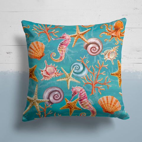 Beach House Pillow Case|Coastal Starfish Throw Pillow Cover|Seahorse, Seashell and Fish Print Cushion Cover|Abstract Sea Wave Home Decor
