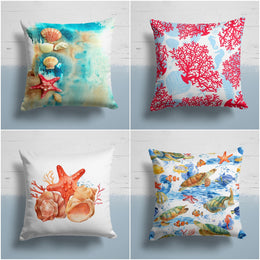 Beach House Pillow Case|Red Coral Orange Starfish Cushion|Sea Turtle and Fish Pillowcase|Nautical Seashell Cushion|Coastal Throw Pillow Top