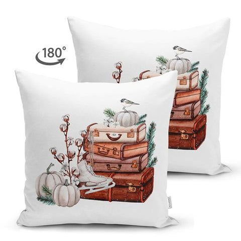 Pumpkin Pillow Cover|Fall Trend Suede Cushion Case|White Pumpkin and Bird Print Throw Pillowtop|Decorative Farmhouse Thanksgiving Cushion