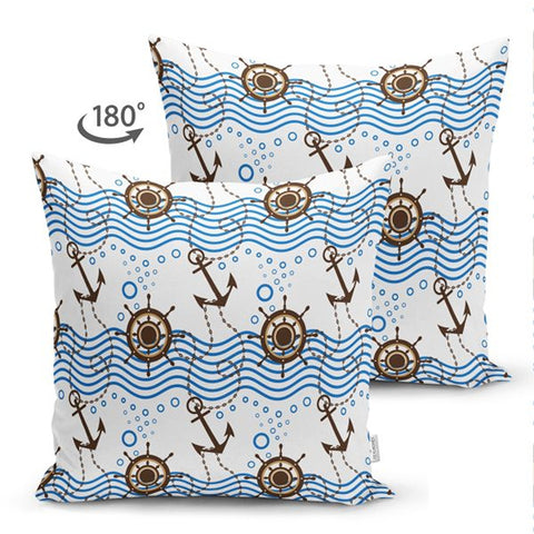 Nautical Pillow Cover|Summer Trend Suede Cushion Case|Anchor and Wheel Print Coastal Throw Pillowtop|Decorative Beach House Cushion Cover