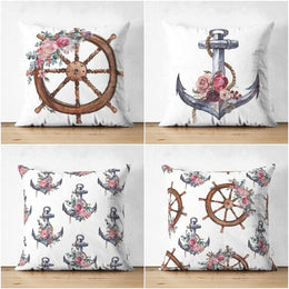 Nautical Pillow Cover|Summer Trend Suede Cushion Case|Floral Anchor and Wheel Coastal Throw Pillowtop|Decorative Beach House Cushion Cover