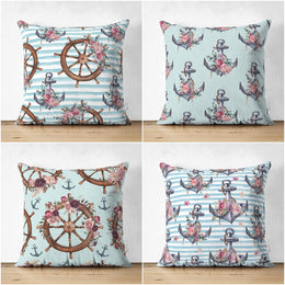 Nautical Pillow Cover|Summer Trend Suede Cushion Case|Striped Floral Anchor and Wheel Throw Pillowtop|Decorative Beach House Cushion Cover