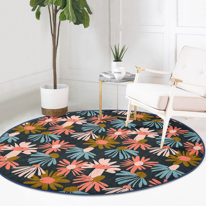 Abstract Floral Round Rug|Non-Slip Round Carpet|Flower Print Circle Carpet|Minimalist Area Rug|Floral Home Decor|Decorative Anti-Slip Mat