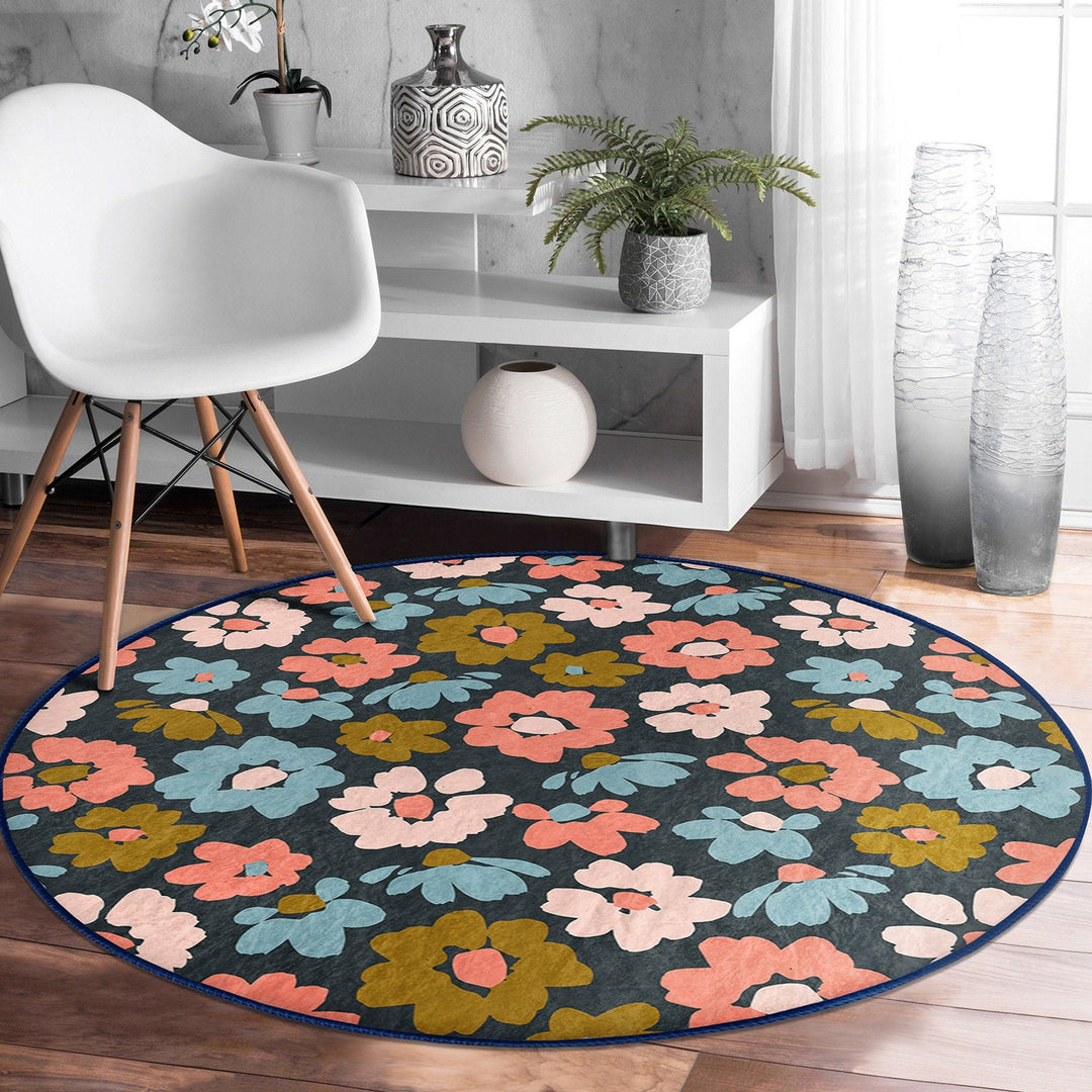 Abstract Floral Round Rug|Non-Slip Round Carpet|Flower Print Circle Carpet|Minimalist Area Rug|Floral Home Decor|Decorative Anti-Slip Mat