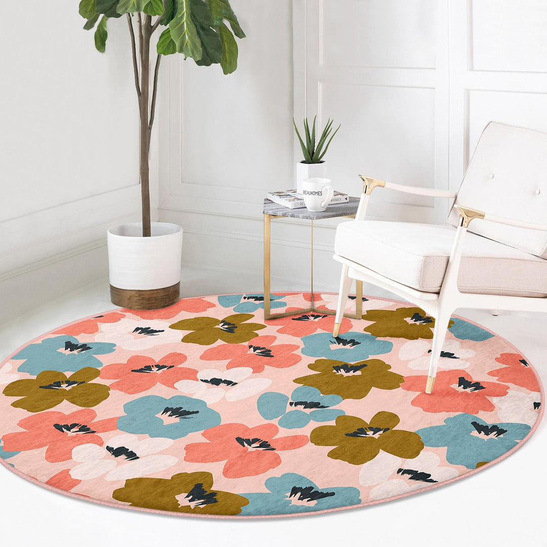 Abstract Floral Round Rug|Non-Slip Round Carpet|Flower Print Circle Carpet|Minimalist Area Rug|Floral Home Decor|Decorative Anti-Slip Mat