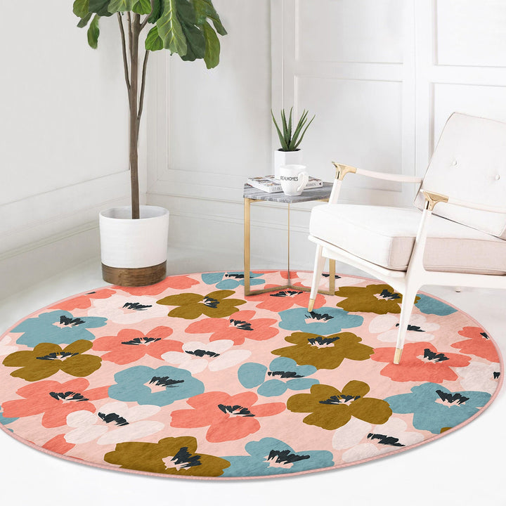 Abstract Floral Round Rug|Non-Slip Round Carpet|Flower Print Circle Carpet|Minimalist Area Rug|Floral Home Decor|Decorative Anti-Slip Mat